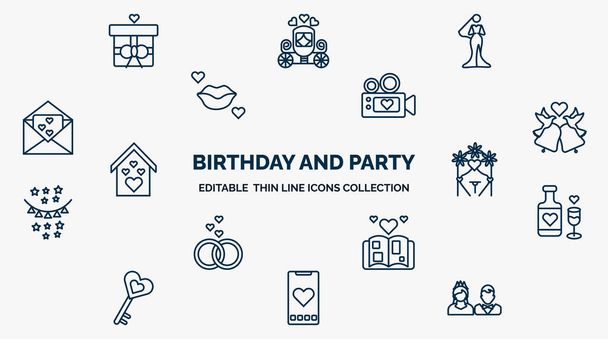 concept of birthday and party web icons in outline style. thin line icons such as wedding gift, bride, wedding video, wedding bells, arch, wine, album, love smartphone, couple vector. - Vektor, obrázek