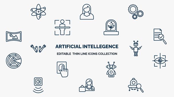 concept of artificial intellegence web icons in outline style. thin line icons such as science, hine, artificial atmosphere, evaluation, exoskeleton, eye tracking, robots, shop assistant, microbots - Vector, afbeelding