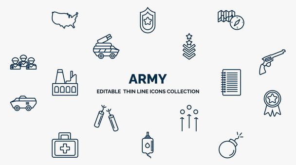 concept of army web icons in outline style. thin line icons such as us map, map and compass, military, revolver, notebook, rank, union military strategy, blood transfusion, bombs vector. - Wektor, obraz