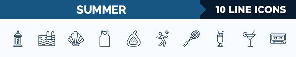 set of 10 summer web icons in outline style. thin line icons such as lantern, swimming pool, seashell, sleeveless, fig, beach volleyball, rackets, bar vector illustration. - Vektör, Görsel