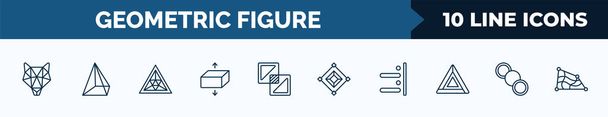 set of 10 geometric figure web icons in outline style. thin line icons such as polygonal wolf head, prism, triangle of triangles, flatten, exclude, synergy, right alignment, row vector illustration. - Vector, Image