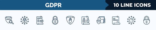 set of 10 gdpr web icons in outline style. thin line icons such as transparency, eu, text file, key, right to objection, right to access, portfolio, cookie vector illustration. - Vektor, Bild