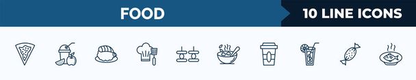 set of 10 food web icons in outline style. thin line icons such as goiabinha, smoothies, sushi prawn, chef cooking on stove, canape, bowl of food, disposable paper cup, toffee vector illustration. - Vektor, kép
