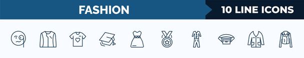 set of 10 fashion web icons in outline style. thin line icons such as monocle, long sleeves, t shirt with heart, college graduation cap, neckline dress, medal with a star, femenine trakcsuit, jacket - Vektor, obrázek