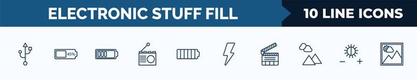 set of 10 electronic stuff fill web icons in outline style. thin line icons such as usb connection, battery almost full, half battery, radio, full battery, blitz flash, clapperboard, brightness - Vektör, Görsel