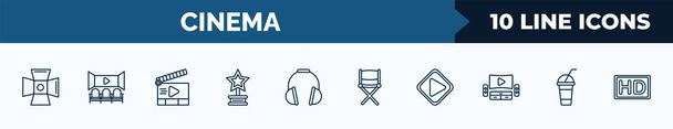 set of 10 cinema web icons in outline style. thin line icons such as cinema light source, movie theatre, movie clapper open, trophy with a star, headphone, director film chair, big play button, - Vektor, obrázek