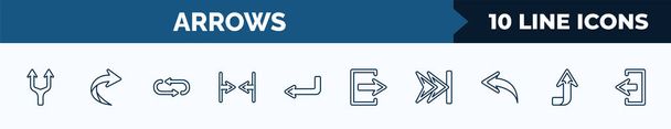 set of 10 arrows web icons in outline style. thin line icons such as splitting arrow, right curve, loop arrows, horizontal merge, left direction, exit right, skip track, upward vector illustration. - Vector, Image