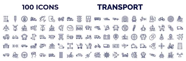 set of 100 transport web icons in outline style. thin line icons such as shift, hands free device, school bus empty, car painting, airplane pointing up, small helicopter, all terrain, sports car, - Vektor, obrázek