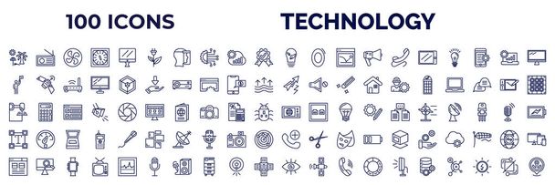 set of 100 technology web icons in outline style. thin line icons such as holidays, ecologic electricity, ecologic bulb, horizontal tablet, leading, lightning arrow, 3d printers, text editor, user - Wektor, obraz