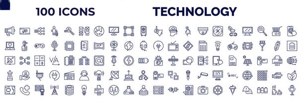 set of 100 technology web icons in outline style. thin line icons such as call to action, wireframe, cinema light with cable, contact lens, laptop with a heart, electrical plug, tv and satellite, - Vetor, Imagem