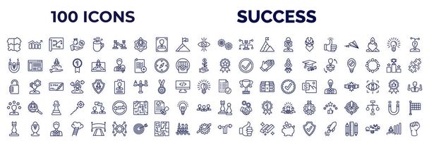 set of 100 success web icons in outline style. thin line icons such as jigsaw, fight, gears, accept, idea magnet, quality, open padlock, experience, rook, decision, quick, increase vector. - Wektor, obraz