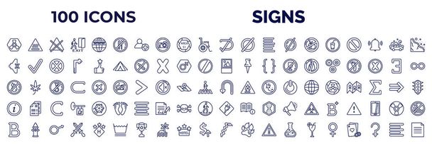set of 100 signs web icons in outline style. thin line icons such as toxic, no food, is not a sub, drink, mute, placeholders, no water, information, b letter, snake, female, align right vector. - Vektör, Görsel
