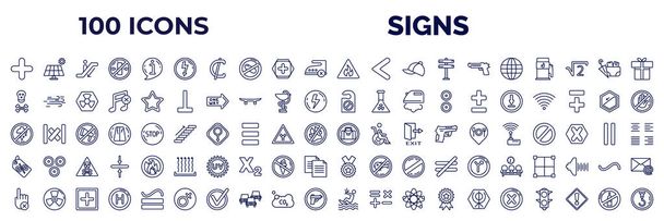 set of 100 signs web icons in outline style. thin line icons such as addition, high voltage, fire warning, world grid, toxic material, not disturb, no shower, percentage discount, no touch, - Vettoriali, immagini