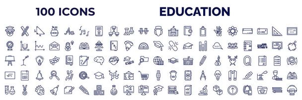 set of 100 education web icons in outline style. thin line icons such as owl, song, eugene onegin, photon, diploma with seal, graduation hat, canvas, square root in class, chemical test tube, - Vetor, Imagem