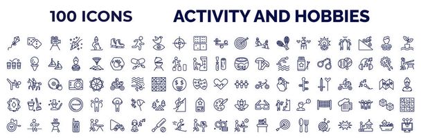 set of 100 activity and hobbies web icons in outline style. thin line icons such as flying a kite, ice skating, balancing, yoga, beer pong, wood carving, martial art, baccarat, yoyo, dish washing, - ベクター画像