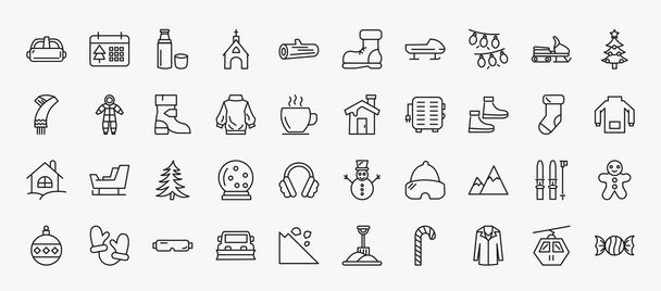 set of 40 winter icons in outline style. thin line icons such as goggles, themos flask, lights, christmas tree, winter boots, winter cabin, snowshoes, fir, snowy mountain, safety glasses, coat, - Vetor, Imagem