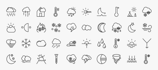 set of 40 weather icons in outline style. thin line icons such as steady rain, patchy fog, degree, snowy, wildfire, altostratus, sleet, cumulus, freezing, eruption, tornado, atmospheric pressure - Vector, Imagen