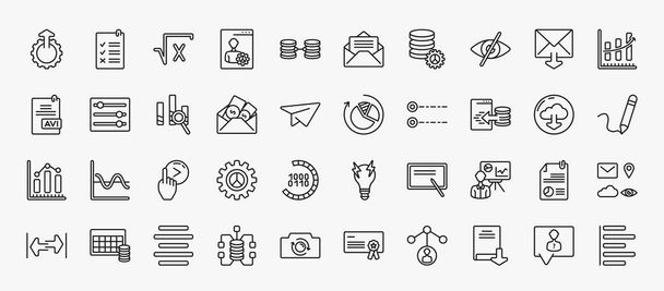 set of 40 user interface icons in outline style. thin line icons such as upload up, square root, hidden, increasing data, data analysis, reload pie chart, data import interface, slide right, person - Vector, Imagen