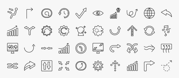 set of 40 user interface icons in outline style. thin line icons such as air outlet, clockwise drawn arrow, swirly scribbled arrow, back drawn arrow, downward rotation, scribble broken line, up - Vettoriali, immagini
