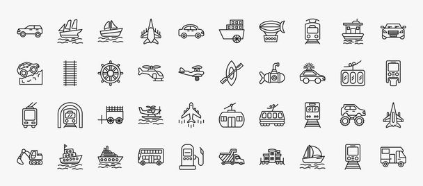 set of 40 transportation icons in outline style. thin line icons such as suv, pt boat, tram, car frontal view, ship helm, rowing, patrol car, oxcart, train front, cruiser, catamaran, metro editable - Вектор,изображение