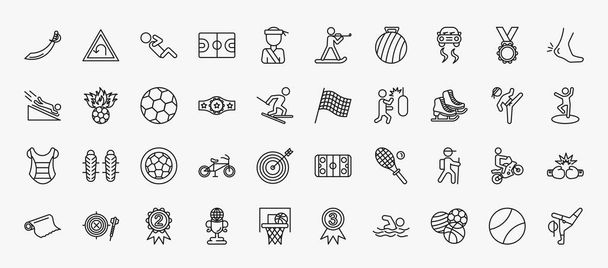 set of 40 sports icons in outline style. thin line icons such as saber, man doing pushups, drift car, ankle, football ball, chequered flag, ice skates, football ball circular, trekking, second - Vecteur, image