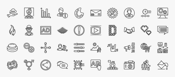 set of 40 social media marketing icons in outline style. thin line icons such as advise, stadistics, user avatar, system, ad, video player, partner, social normal, promotion, photo share, big photo - Wektor, obraz