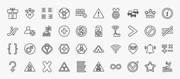 set of 40 signs icons in outline style. thin line icons such as gift shop, alignment, traffic, information, beach, not disturb, is greater than, male gender, restaurant, no, tick, favourite star - Vector, Imagen