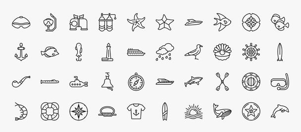 set of 40 nautical icons in outline style. thin line icons such as swimming glasses, binocular, fish facing right, fishes, fish shaped bait, rainy cloud, pearl, submarine facing right, double - Вектор,изображение