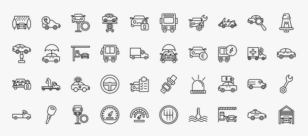 set of 40 mechanicons icons in outline style. thin line icons such as car wash hine, changing car tire, convertible car, hine connector plug, at gas station, with an umbrella, bus with compass, - Vector, Image