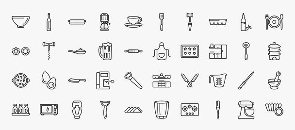 набір з 40 кухонних іконок в контурному стилі. тонкі іконки лінії, такі як миска для супу, лоток, лоток для кубиків льоду, обід, сковорода, фартух, кухонний шафа, розморожувач, мірна чашка, соуси, весло, мікшер
 - Вектор, зображення