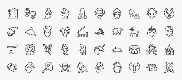 set of 40 fairy tale icons in outline style. thin line icons such as spellbook, genie, cinderella shoe, beast, protagonist, cinderella carriage, centaur, fairy, , enchantment, phoenix, castle - Vector, imagen