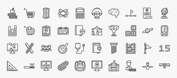 set of 40 education icons in outline style. thin line icons such as book and, sharpener, halfway, school globe, clipboard with a+, world map, creche, group of people, abacus, educational video, - Vector, Imagen