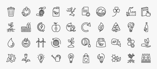 set of 40 ecology icons in outline style. thin line icons such as dust bin, save the earth, shamrock, and books, renewable energy, reload, christmas trees, wind mill, seeds, eco light, eco cell, - Vector, Image