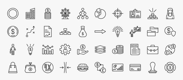 set of 40 business icons in outline style. thin line icons such as full circle, dollar coins stack, journalist id card, businesswomen, paper graphic, graphic arrow, graphic panel and man, graphs, - Vektör, Görsel