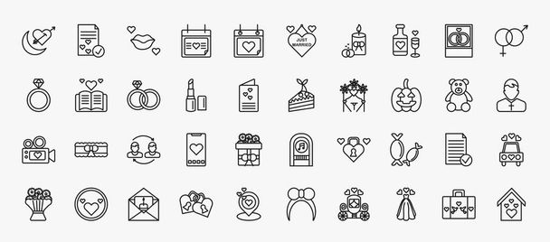 set of 40 birthday and party icons in outline style. thin line icons such as honeymoon, kiss, wedding wine, genders, marriage, cake slice, halloween, relationship, sweet, birthday invitation, - Vektor, kép