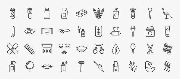 set of 40 beauty icons in outline style. thin line icons such as barber shop, mouthwash, electric shaver, beauty salon chair, wipes, big razor blade, tint brush, eye shadow, inclined hairbrush, - Vecteur, image