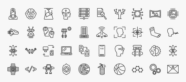 set of 40 artificial intellegence icons in outline style. thin line icons such as nurse, organ printing, unsupervised learning, cpu, mind transfer, unmanned aerial vehicle, eye tracking, data - Вектор,изображение