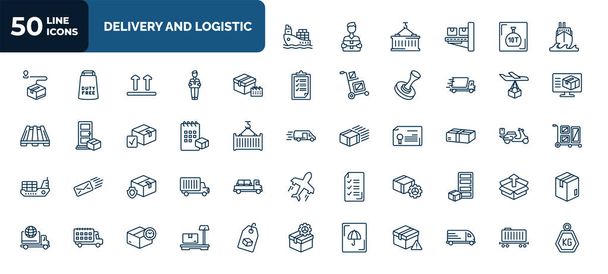 set of 50 delivery and logistic web icons in outline style. thin line icons such as ship by sea, ocean transportation, delivery scheduled, delivery by plane, schedule, parcel, logistic protection, - Vector, imagen