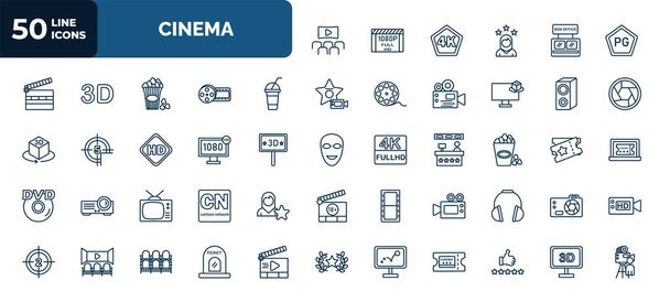 set of 50 cinema web icons in outline style. thin line icons such as theatre screen, parental guidance, smoothie with straw, loud woofer box, 1080p hd tv, popcorn bag, television with antenna, movie - Vector, Image