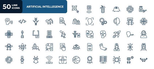 set of 50 artificial intellegence web icons in outline style. thin line icons such as match moving, medicine, evaluation, high speed tube, difference engine, rocket, microbots, mobile flexible - Vettoriali, immagini