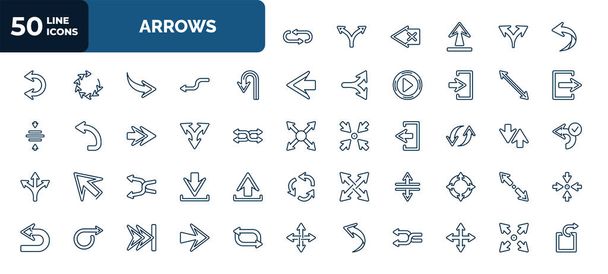 set of 50 arrows web icons in outline style. thin line icons such as loop arrows, left curve arrow, u turn arrow, diagonal arrow, split triangle, spin, shuffle arrows, split vertical, curved right, - Vector, Imagen