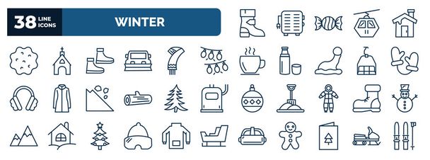 set of winter web icons in outline style. thin line icons such as winter boots, snow ball, snowshoes, lights, mittens, fir, snow boot, snow goggle, christmas card, , snowmobile vector. - Vector, Image
