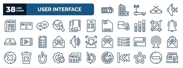 set of user interface web icons in outline style. thin line icons such as battery loaded, folded newspaper, two chat bubbles, blank file, alarm button, loud audio, connection, tings cog, rounded - Вектор,изображение