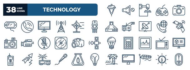 set of technology web icons in outline style. thin line icons such as lamp post, , computer screen linux, resistor, news via satellite, cam with big len, old tv, mic with long cable, air direction, - ベクター画像