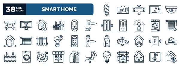 set of smart home web icons in outline style. thin line icons such as illumination, sensor, eco home, door key, jalousie automation, doorbell, smart switch, dial, household, , automated door vector. - Vektor, kép