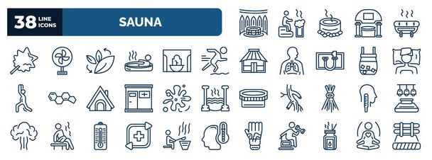 set of sauna web icons in outline style. thin line icons such as turkish bath, vasta, fresh air supply, adrenalin rush, private spa, splashing, core temperature, regeneration, aroma stimulation, , - Вектор,изображение