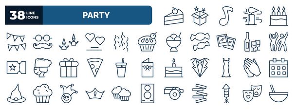 set of party web icons in outline style. thin line icons such as slice of cake, party flags, birthday friends, cupcake with big cherry, boy partying, juice bottle with straw, claping hands, king - Vektör, Görsel