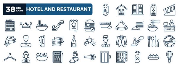 set of hotel and restaurant web icons in outline style. thin line icons such as do not disturb, hostel, spaghetti, cheese burger, receptionist, champagne, eating utensils, minibar, doorknob, , dim - Wektor, obraz