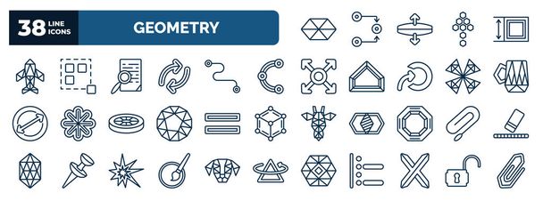 set of geometry web icons in outline style. thin line icons such as hexahedron, polygonal jet aircraft, preview, spline, polygonal coffee cup, parallel, clip, quick selection, text, , unlock vector. - Vetor, Imagem