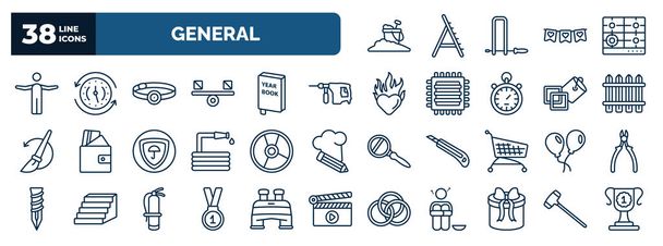 set of general web icons in outline style. thin line icons such as sand, man with open arms, head mirror, perforator, wooden fence, cd record, floating balloons, number one medal, gift box with - Vetor, Imagem